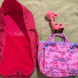 American Girl Bitty Baby Diaper Bag and Corolle Doll Bed Carrier, with bonus toy